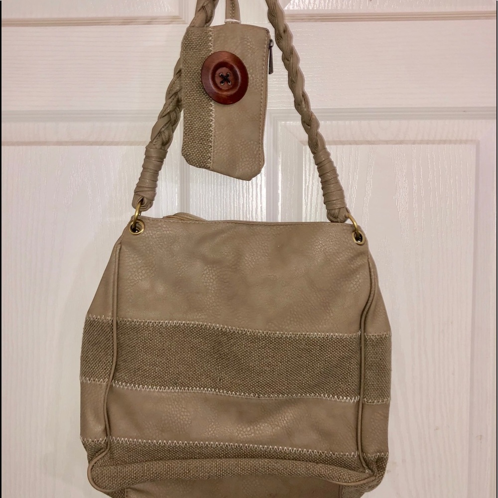Taupe leatherette and canvas stripe purse